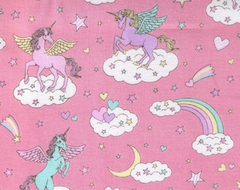 HALF YARD Cosmo Textile - Vanilla Pop - Winged Unicorn Sky Mix on PINK - AP45505-1C - Pegacorn, Mythical, Heart, Rainbow, Cloud