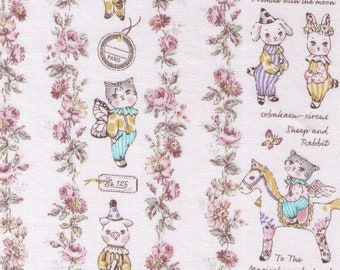 HALF YARD Yuwa - Sobakasu Kids - Magical Wonderland in Ivory - Bunny, Dog and Cat - Horse, Moon, Lullaby, Circus, Rabbit - Quilting Cotton