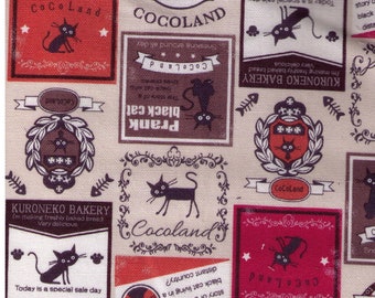 HALF YARD Coco Land Kuroneko Bakery and Prank Black Cat - Beige, Orange, Watermelon Red Colorway - 10002-21A - Cocoland Kitties - Kitty Ads