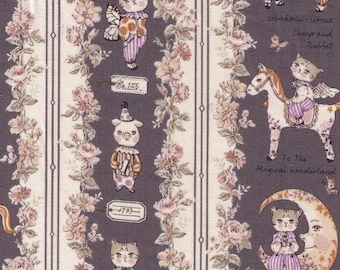 HALF YARD Yuwa - Sobakasu Kids - Magical Wonderland in Grey - Bunny, Dog and Cat - Horse, Moon, Lullaby, Circus, Rabbit - Quilting Cotton