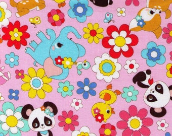 HALF YARD Cosmo Textile - Kawaii Animals and Flowers on Light Pink 02405-2B - Panda, Duck, Elephant, Bunny, Rabbit - Japanese Import