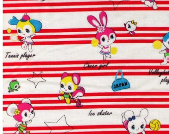 HALF YARD Honey Tune - Kawaii Sports on Red Stripes - Cheerleader, Volleyball, Soccer, Tennis, Basketball  - Lecien Japanese
