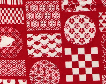 HALF YARD Traditional Cheater Blocks - Red Colorway - SK-4400-3A - Cotton Oxford - Geometric Asanoha Sakura Cherry Blossom Japanese