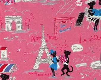 HALF YARD Parisian Cats on PINK- Miyako Kawaguchi 024D - Paris Cafe, France, Eiffel Tower, Arc de Triomphe, Bonjour, Merci, Flowers - Yuwa