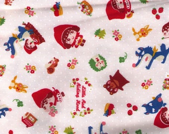 HALF YARD Kiyohara- Little Red Riding Hood Mix on Off White with White Dots 08OW - Bad Wolf, Grandmother, Hedgehog, Bunny, Bear  Fairytale