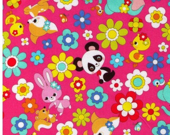 HALF YARD Cosmo Textile - Kawaii Animals and Flowers on Bright Pink 02405-2E - Panda, Duck, Elephant, Bunny, Rabbit - Japanese Import