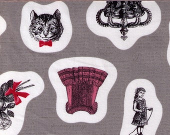 FAT QUARTER Kokka - Ornaments on GREY - Cat with Red Bowtie, Antique, Shoe, Bow, Dress, Corset, Roses, Silverware - Japanese Import