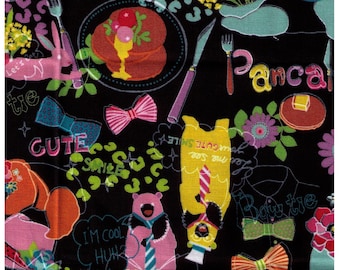 HALF YARD Kiyohara - Kayo Horaguchi - Pancakes, Bunny, Bears, High heels and Bowties on BLACK - Cotton Linen Lightweight Canvas - Japan