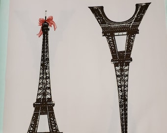 One Panel Kokka - Eiffel Tower on Pink - 21" Tall - 4 Towers per Panel - Chocolate Brown with Hot Pink Bow on Pink - Japanese Imported