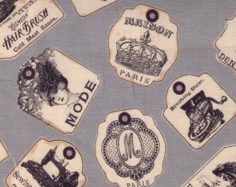 HALF YARD Yuwa - Antique Hang Tags on GREY - Japanese Import - Luggage Paris Bonjour France - Live Life 826168 Collection Similar Koseki