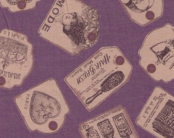 FAT QUARTER Yuwa - Antique Tags on PURPLE - Japanese Import - Luggage Paris Bonjour France- Live Life Collection Similar to Koseki
