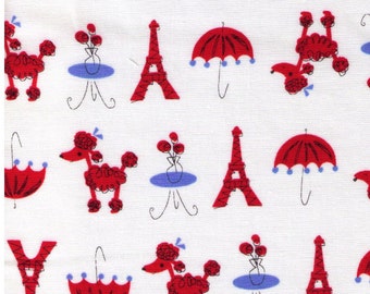 HALF YARD  Yuwa - Poodle, Paris Cafe and Eiffel Tower on WHITE - T0C1701  Japanese