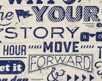 FAT QUARTER Kokka - Trefle - Styled Words Text Navy on NATURAL - Lightweight Canvas  - Japanese Import Fabric