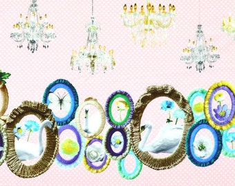 HALF YARD - Kokka - Candy Party Manege - Swans and Picture Frames on PINK 3180-1A - Border Print -  Flower, Frames - Japanese Imported