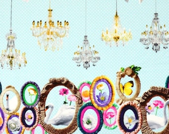 HALF YARD - Kokka - Candy Party Manege 3180-B - Swans and Picture Frames on BLUE - Border Print -  Flower, Frames - Japanese Imported
