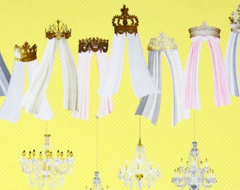 HALF YARD - Kokka - Candy Party Manege- Swans and Picture Frames on YELLOW - Border Print -  Flower, Frames - Japanese Imported