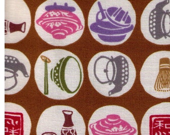 HALF YARD Japanese Kitchen on Golden Brown 6845-2C - Tea, Whisk, Kettle, Pot - Japanese Import Fabric  Traditional Print