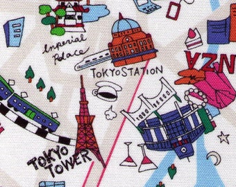 HALF YARD Yuwa -Tokyo Map - Japanese Landmarks and Sites in BRIGHT 15030-C - Ueno, Shibuya, Skytree, Shinjuku - Travel, Map - Cotton Oxford