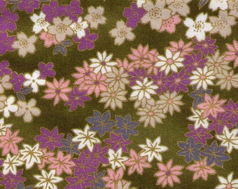 FAT QUARTER Quilt Gate - Hyakka Ryoran Chiyagami Collection - Sakura Flowers on Green with Gold Metallic - Asanoha, Seigaiha - HR 3200-11D