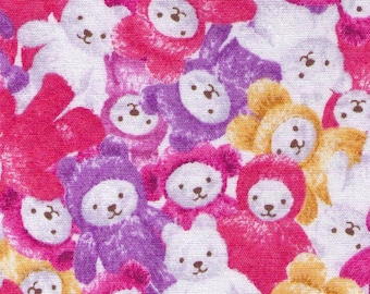 HALF YARD - Stuffed Animals in Pink/Purple/Yellow - H6867-A - Teddy Bear, Plushy, Toy - Japanese Import