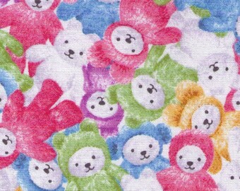 HALF YARD - Stuffed Animals in Blue/Green/Pink/Purple/Yellow - H6867-B - Teddy Bear, Plushy, Toy - Japanese Import