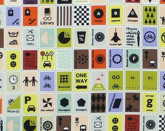 ONE PANEL - First of Infinity Collection 31231-80 Postage Stamps - GREEN Multi Colorway - Text Blocks Numbers Letters - Lecien Japanese