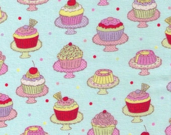 HALF YARD  Yuwa - Mini Cupcakes on Stands on Aqua Blue 812941-C - Tiny Rows, Polka Dots, Cookies, Strawberry, Chocolate, - Japanese Import