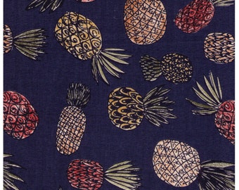 HALF YARD Precut - Yuwa -Multi Color Pineapples on NAVY Blue - Live Life Oriental Garden - 95% Cotton/5 Linen Blend - Japanese