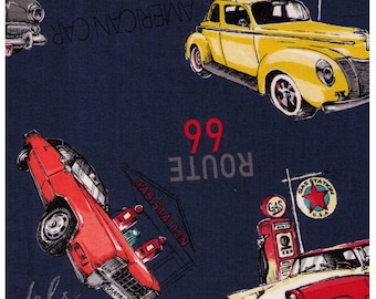 HALF YARD Yuwa - 50s Classic Cars on Blue - 826578-D - Suzuko Koseki - Route 66 - Japanese Fabric