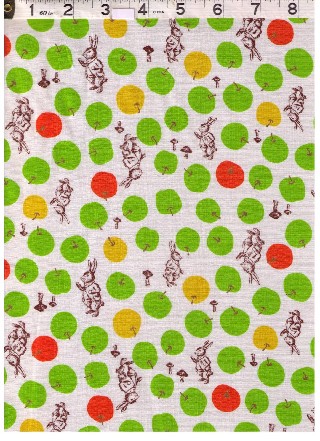 FAT QUARTER Alice in Wonderland Rabbits, Mushrooms and Apples on Ivory ...