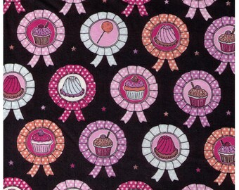 FAT QUARTER Yuwa - Dessert Rosettes Awards on Black 812919-E - Live Life Collection - Cupcake Cake Sweets, Ribbons, Winner - Japanese Import