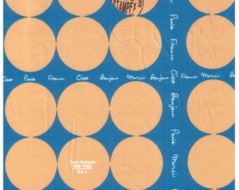 HALF YARD Yuwa - Peach Dots on Teal Blue with French Text- Suzuko Koseki 826010-C  - Japanese Import - Paris Bonjour France Merci Postage