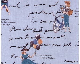HALF YARD Yuwa - Girl in Blue Dress and Text on BLUE - Suzuko Koseki 826468-B - Bakery, Hepburn, Sewing, Shopping Bicycle, Walking Dog