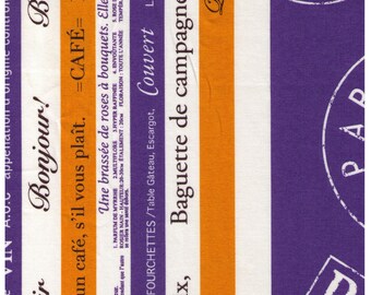 FAT QUARTER Yuwa - French Text in Blue and Goldenseal Yellow Stripes 816743-1A - Suzuko Koseki - Merci Bonjour, Cafe, Baguette, Vin, Ciao