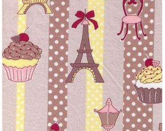 HALF YARD  Yuwa - Cupcakes, Street Lamp and Eiffel Tower on TAN - 812940 D Yellow and Brown Stripes - Polka Dot, Bow, Chocolate - Japanese