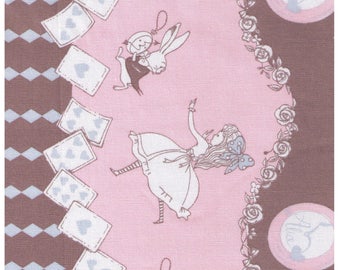 HALF YARD - Alice in Wonderland in Putty, Pink and Blue by Shinzi Katoh  - Border Print - Cotton Oxford - Japanese Import
