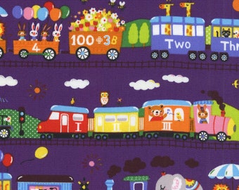HALF YARD - Kokka - Animal Train in Purple - LO-36080 2A - Oxford - Transportation, Circus, Giraffe, Lion, Elephant, Cow, Panda