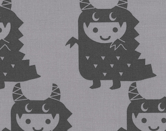 HALF YARD Kiyohara - Little Costume Monsters on Grey - Puti De Pome - PTMF 121 Gry - Cotton Linen Blend - kaiju kigurumi - Import