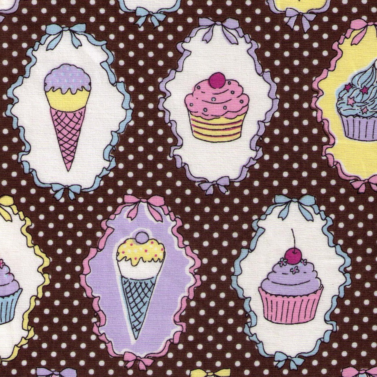 Half Yard Yuwa Ice Cream Cones And Cupcakes On Brown 8129 White Polka Dot Cherry Chocolate Sundae Sprinkles Imported Japanese
