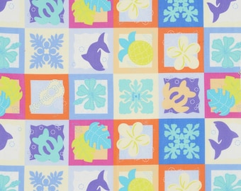 HALF YARD Lecien - Island Style Kathy Mom Cheater Blocks 20107-70 - Blue/Purple/Yellow Floral - Gardenia, Hawaii - Japanese Import