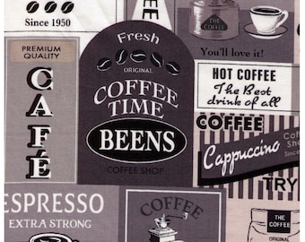 HALF YARD Yuwa - Coffee Signs in Black and Grey - Suzuko Koseki - Japanese Import - Text, Coffee, Sugar, Labels