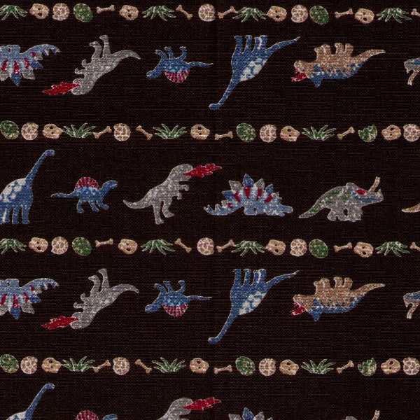Clearance End of Bolt 1.75 YARD Dinosaur Rows on Brown - Egg, Plants, Bones, Skull - Trex, Triceratops - Cosmo Textile - Japanese Fabric