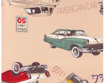 HALF YARD Yuwa - 50s Classic Cars on Tan - 826578-A - Suzuko Koseki - Route 66 - Japanese Fabric