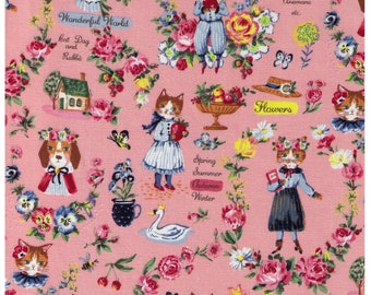 HALF YARD Yuwa - Sobakasu Kids Wonderful World Season on PINK - Cat Dog, Rabbit - Cotton Oxford - Swan, English Rose Garden, Paris, Bunny