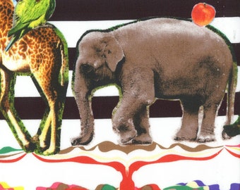 HALF YARD Kokka Candy Party - Animal Parade on Black and White Stripes - 3034-1A -Photo Realistic Zebra Elephant Giraffe - Cotton oxford