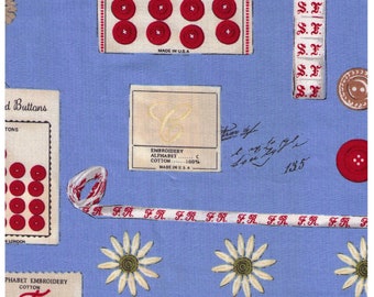 HALF YARD Yuwa - Sewing Notions on Blue - Suzuko Koseki 829609-C - Hook, Needle, Antique Buttons, Handicraft Supplies - Japan Import