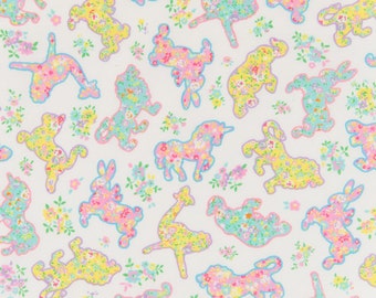 HALF YARD Joli Pomme Flower Animal Cookies on White - Elephant, Bunny, Tiger, Unicorn, Ostrich, Cat,  - Cosmo Textile Japanese Fabric