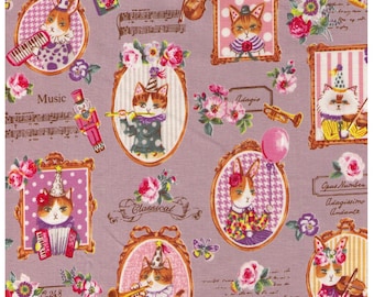 HALF YARD Precut - Yuwa - Classical Music Kitties - Cats and Rabbits on Putty GREY - Quilting Cotton - Sobakasu Kids - Party Violin, Trumpet