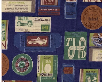 HALF YARD Yuwa - Travel Stamps on BLUE - Suzuko Koseki 826205-D - Japanese Import - Tickets and Luggage Tags,  Paris Bonjour France 1950s