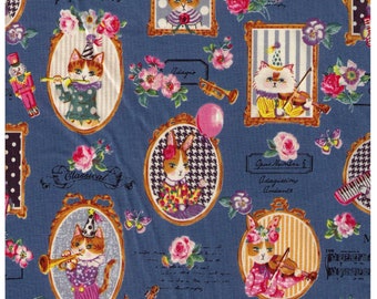 HALF YARD Yuwa - Classical Music Kitties - Cotton Oxford 155198-E - Cats and Rabbits on Slate BLUE - Sobakasu-Kids - Grumpy, Party, Violin